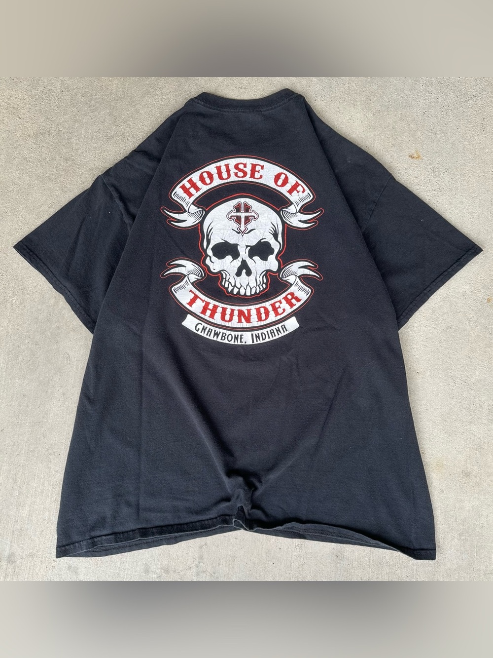 Gildan Heavy Cotton House of Thunder Skull Graphic Black Biker Tattoo T-Shirt